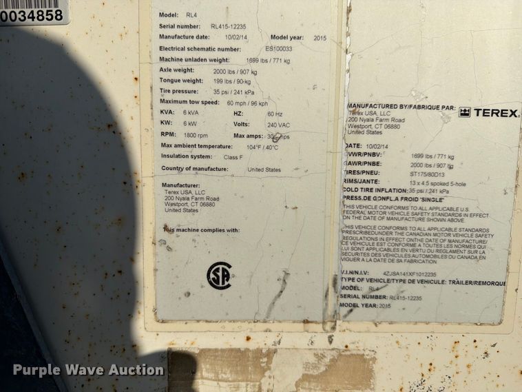 image for item DZ4689 2015 Terex RL4 light plant