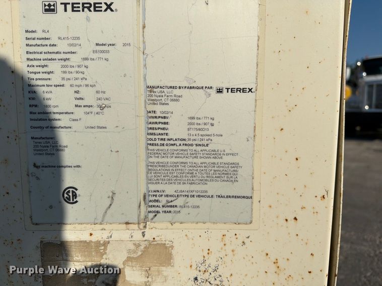 image for item DZ4689 2015 Terex RL4 light plant