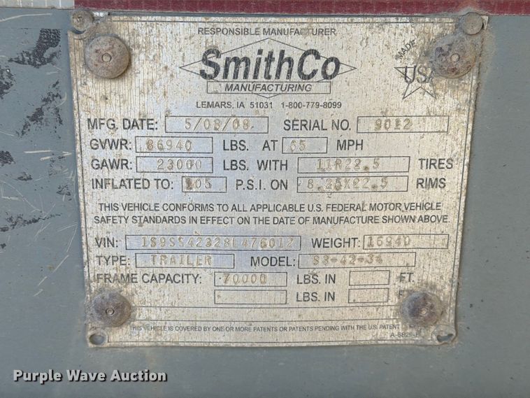 image for item EA0473 2008 SmithCo side dump trailer