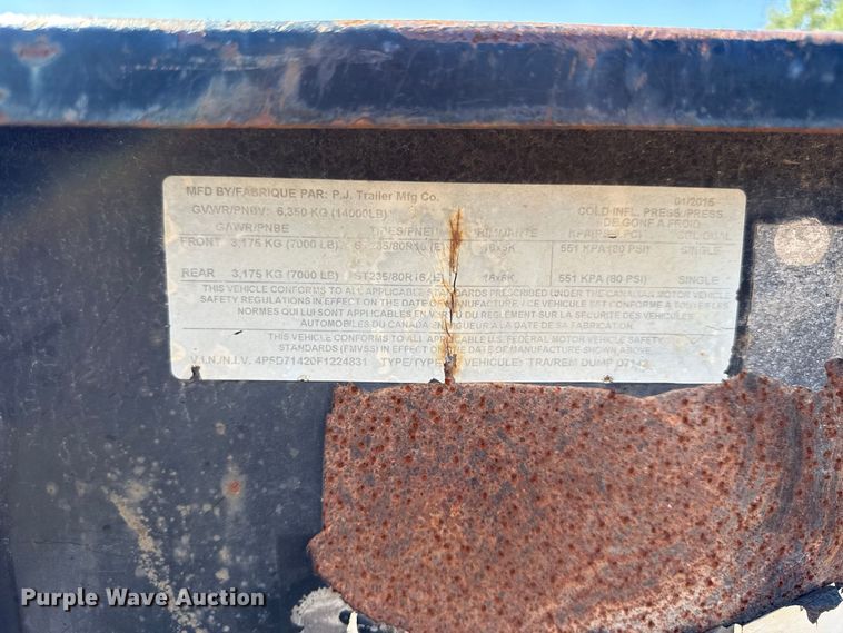 image for item EV6188 2015 PJ D7142 dump trailer