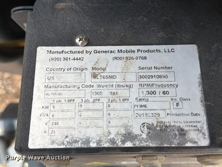 image for item EW8877 2018 Generac MLT6SMD light plant
