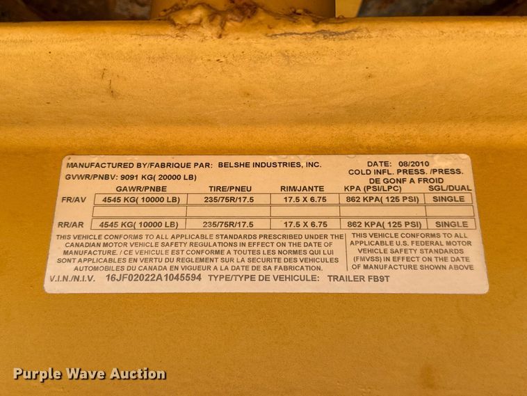 image for item FC4293 2010 Belshe FB9T equipment trailer