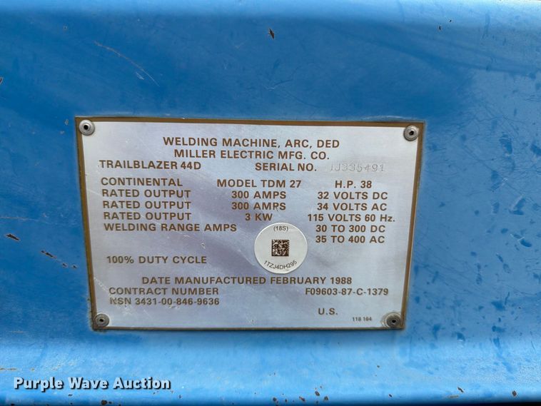image for item FI1011 1988 Miller Trailblazer 44D welder/generator