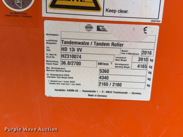image for item FK3694 2016 Hamm HD 13i VV double drum vibratory roller