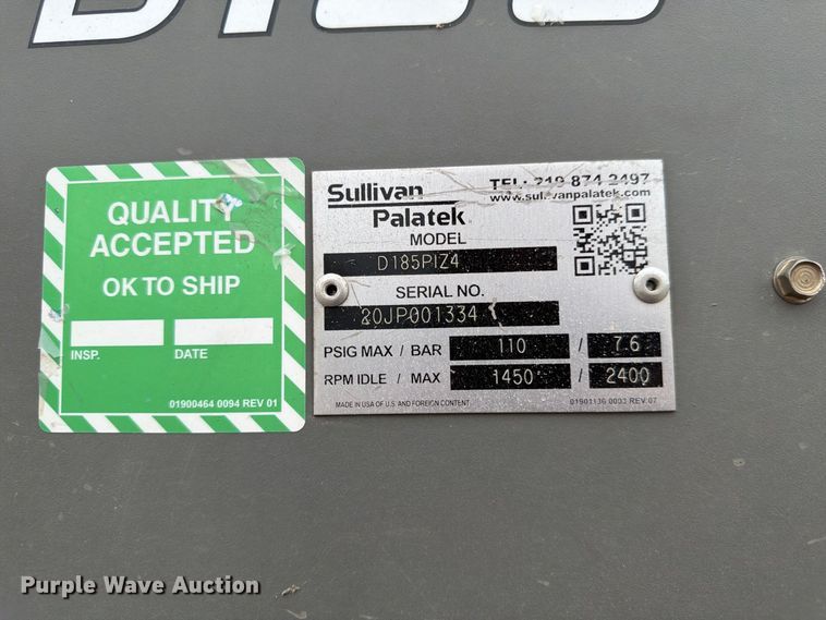 image for item FP3087 2020 Sullivan Palatek D185PIZ4 air compressor