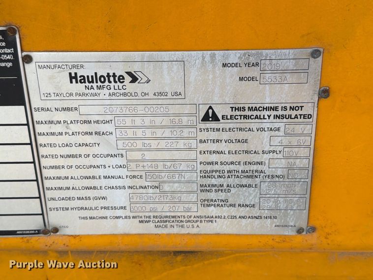 image for item FT6220 2019 Haulotte 5533A boom lift