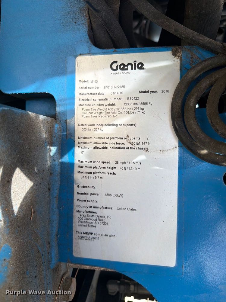 image for item NC9911 2016 Genie S-40 boom lift
