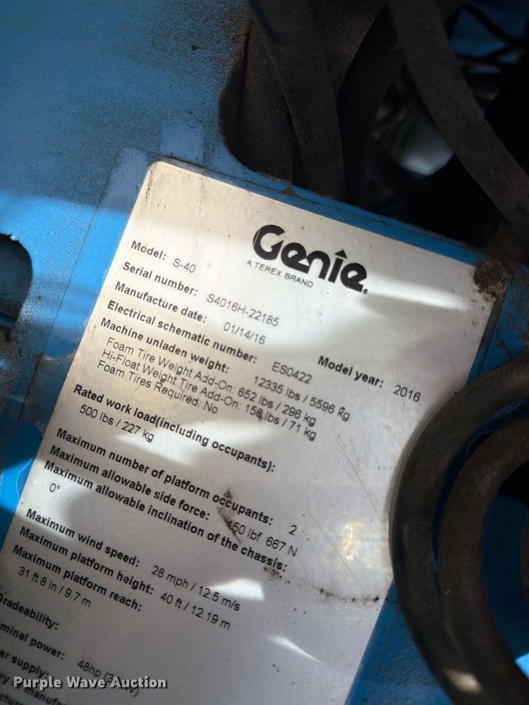 image for item NC9911 2016 Genie S-40 boom lift