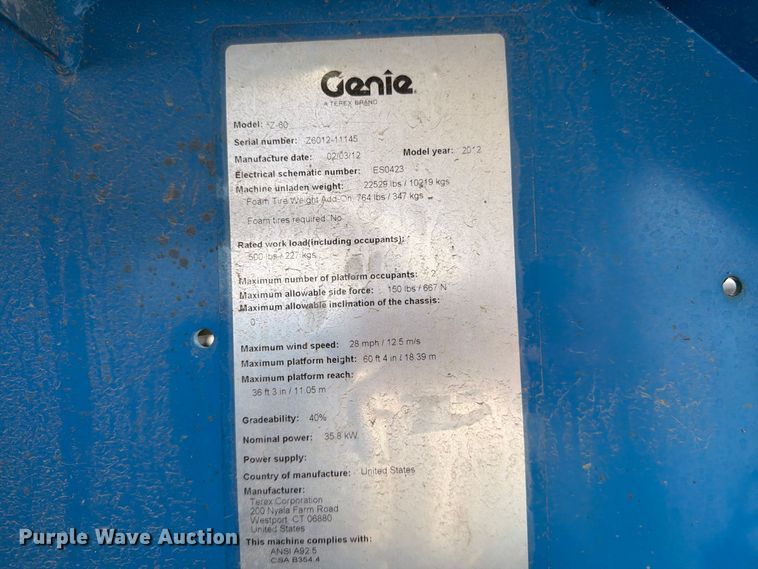 image for item YA4760 2012 Genie Z-60 boom lift