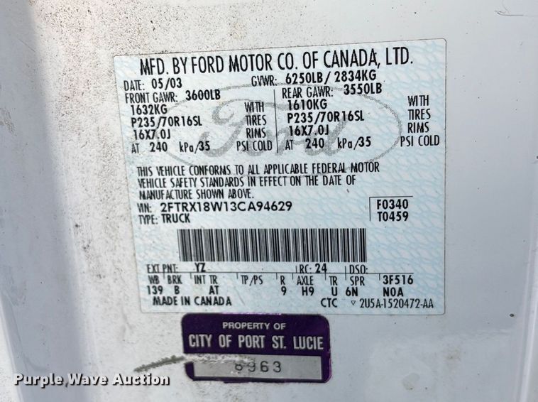 image for item DU6250 2003 Ford F150 Ext. Cab pickup truck