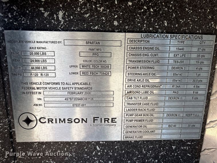 image for item EU0870 2008 Spartan Diamond Series pumper fire truck