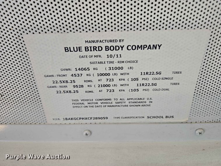 image for item EW8530 2012 Blue Bird Bb Conventional school bus