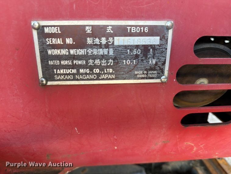 image for item FB8881 2009 Takeuchi TB016 mini excavator