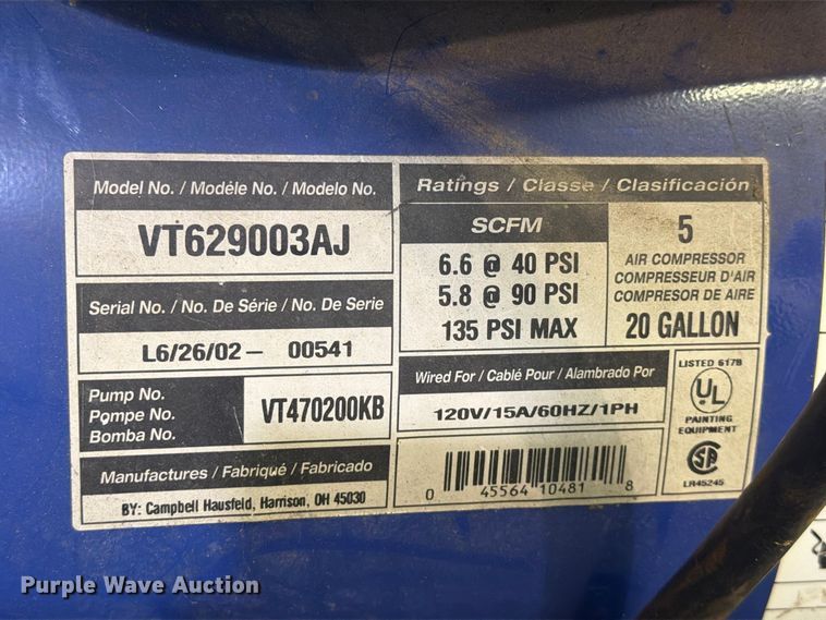 image for item FB8933 Campbell Hausfeld VT629003AJ air compressor