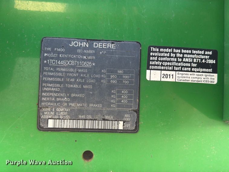 image for item FT8096 2011 John Deere F1400 lawn mower
