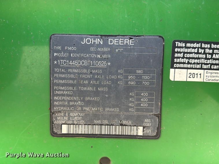 image for item FT8096 2011 John Deere F1400 lawn mower