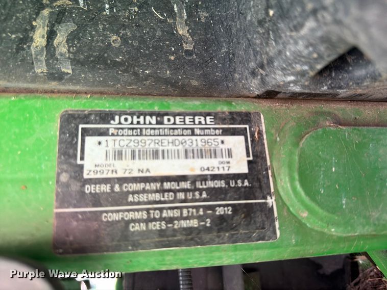 image for item FU4667 2017 John Deere Z997R ZTR lawn mower