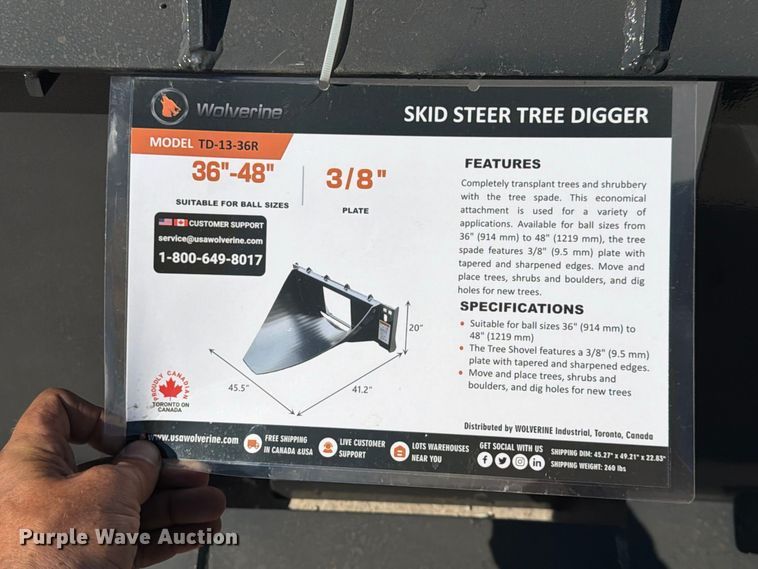 image for item EX4230 Wolverine TD-13-36R skid steer tree digger