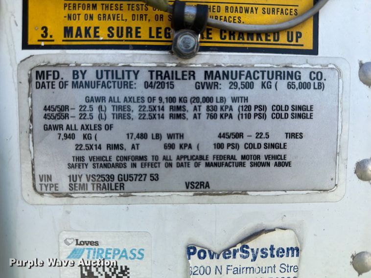 image for item YA4545 2016 Utility VS2RA refrigerated van trailer