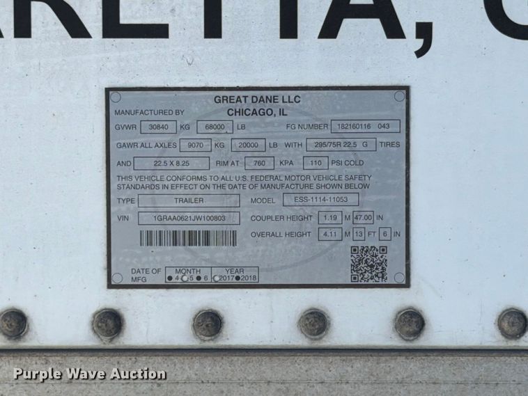 image for item YA4546 2018 Great Dane ESS-1114-11053 refrigerated van trailer