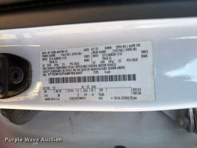 image for item DV8671 2021 Ford F150 Crew Cab pickup truck