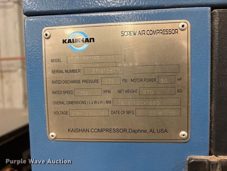 image for item ES8209 2018 Kaishan KRSB-50-125 air compressor