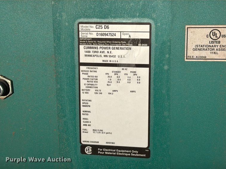 image for item EW8914 Cummins C25 D6 generator