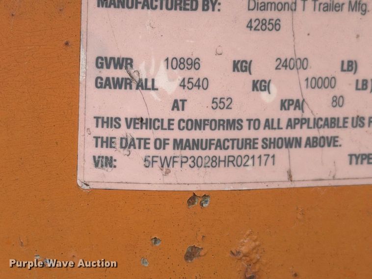 image for item EW8932 2017 Diamond T 10230DTF equipment trailer