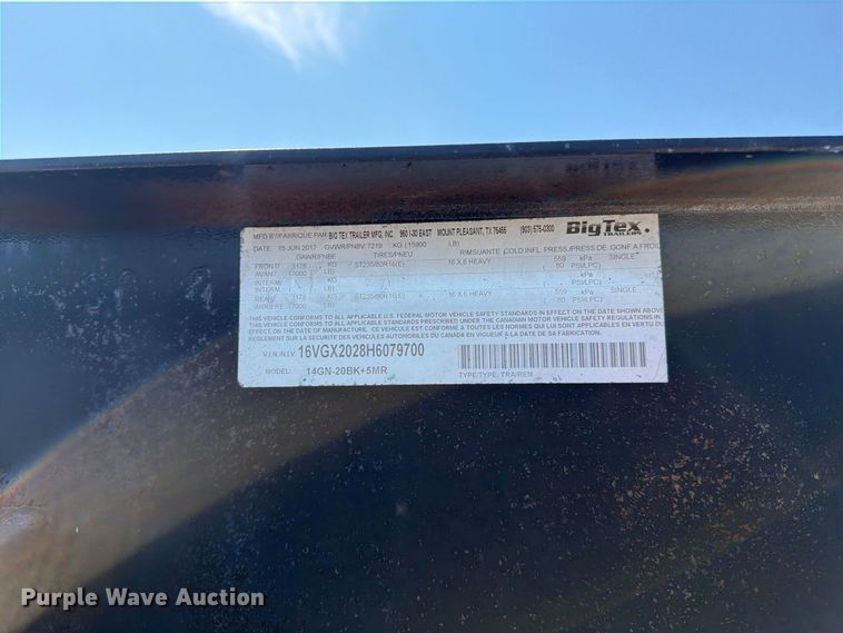 image for item FB5173 2017 BigTex 14GN-20BK+5MR equipment trailer