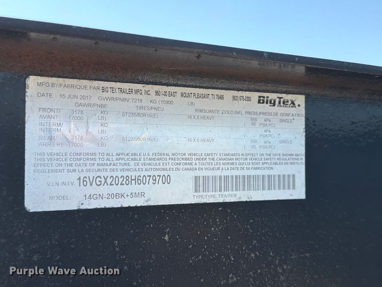 image for item FB5173 2017 BigTex 14GN-20BK+5MR equipment trailer