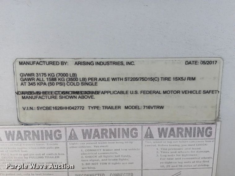 image for item FB8356 2017 Arising Industries 716VTRW enclosed cargo trailer