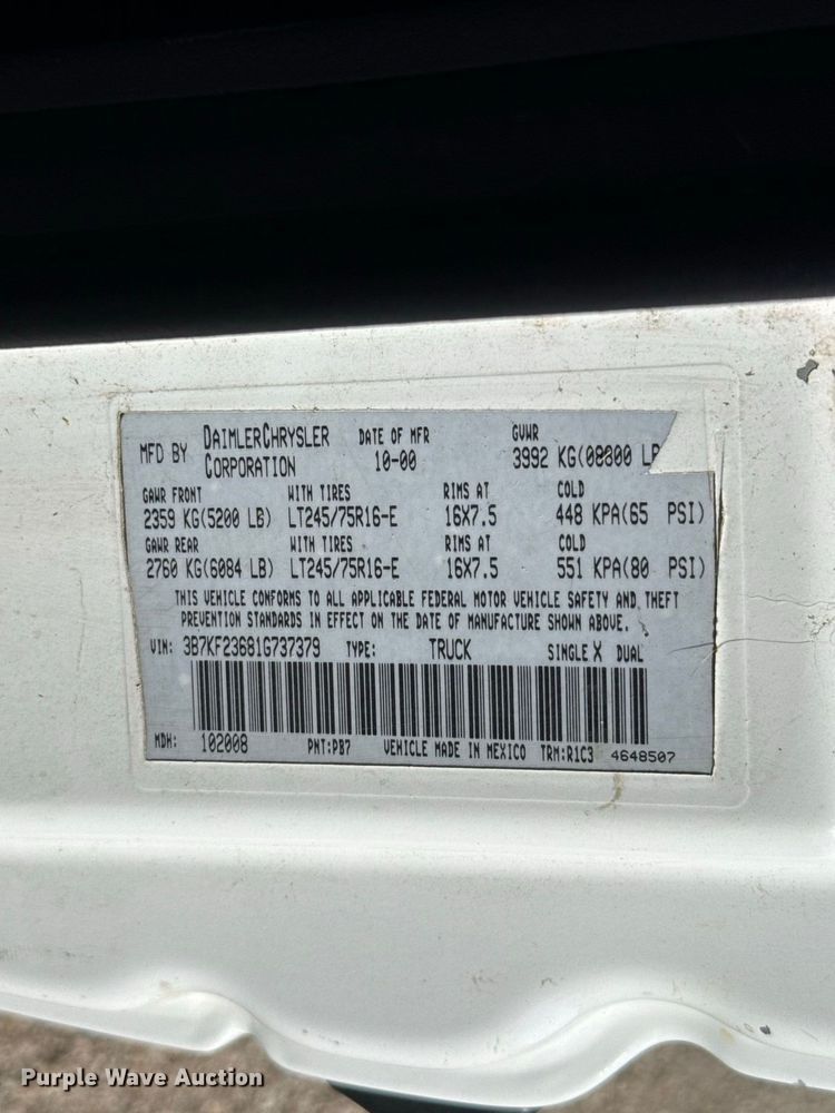 image for item FC4351 2001 Dodge Ram 2500 Ext. Cab utility bed pickup truck