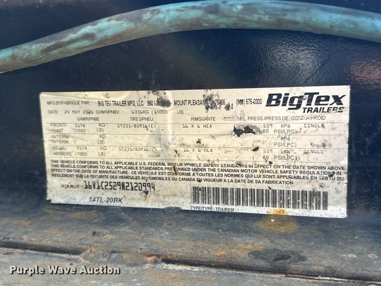 image for item FC4416 2023 Big Tex 14TL-20BK tilt deck equipment trailer