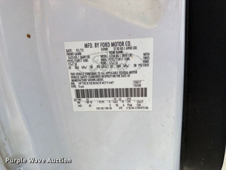 image for item FK4642 2012 Ford F150 XL Ext. Cab pickup truck