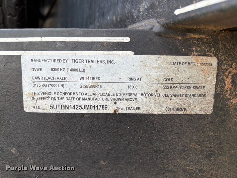 image for item FN2611 2018 Tiger Trailers Inc. dump trailer