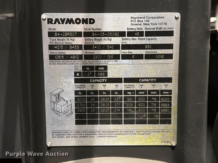 image for item NF9617 2005 Raymond SA-CSR30T swing carriage forklift