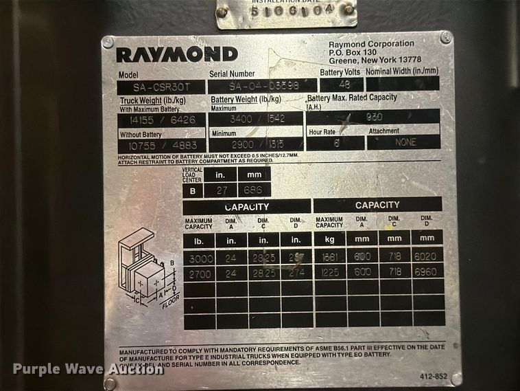 image for item NF9620 2004 Raymond SA-CSR30T swing carriage forklift