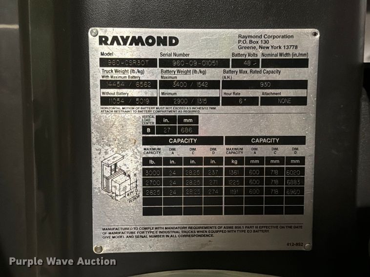 image for item NF9621 2009 Raymond 960-CSR30T swing carriage forklift