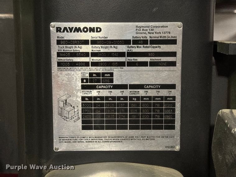 image for item NF9622 2009 Raymond 960-CSR30 swing carriage forklift