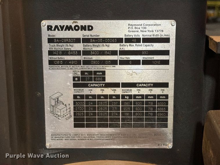 image for item NF9623 2005 Raymond SA-CSR30T swing carriage forklift