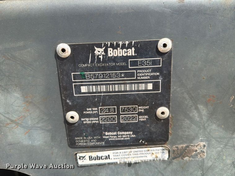 image for item DU3132 2022 Bobcat E35i mini excavator