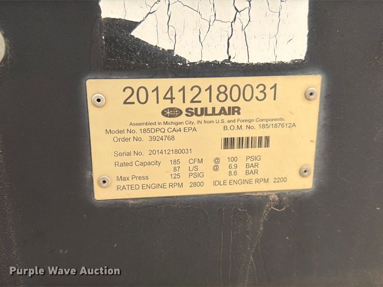 image for item EW2149 2014 Sullair 185DPQ CAi4 EPA air compressor