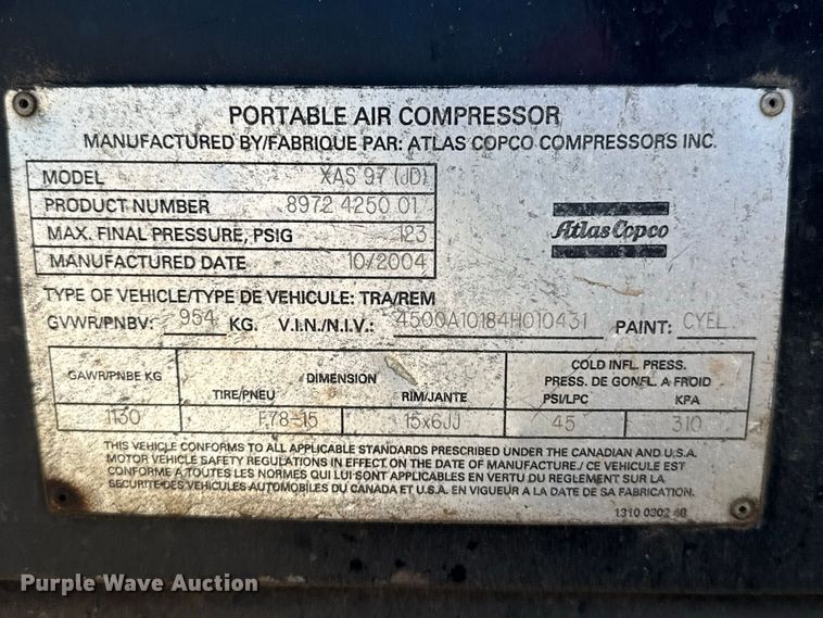 image for item EW4367 2004 Atlas Copco XAS97 air compressor
