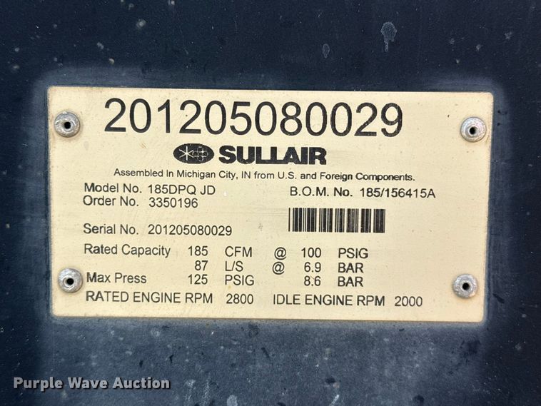 image for item EW4368 Sullair 185DPQ air compressor