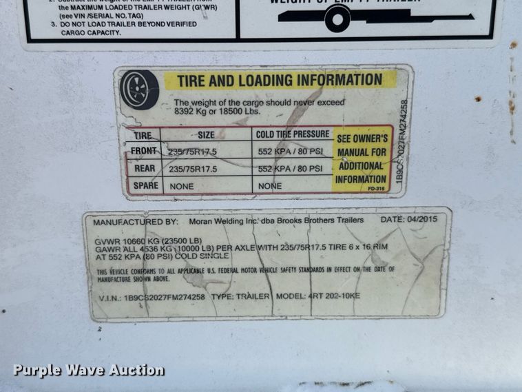 image for item EW8701 2015 Brook's Brothers  4RT 202-10KE reel trailer