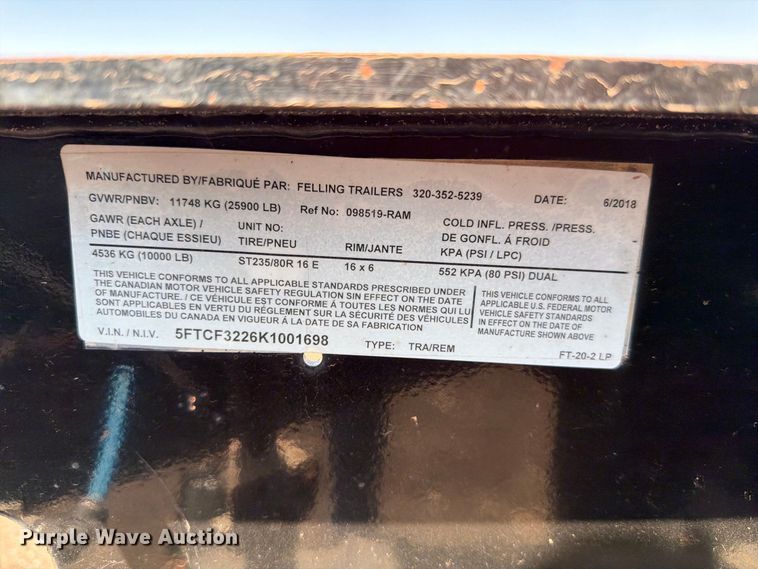 image for item EW8751 2019 Felling FT-20-2 LP equipment trailer