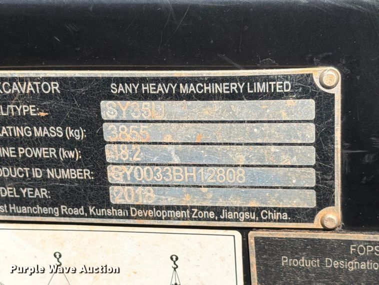 image for item EW8783 2018 Sany SY35U mini excavator
