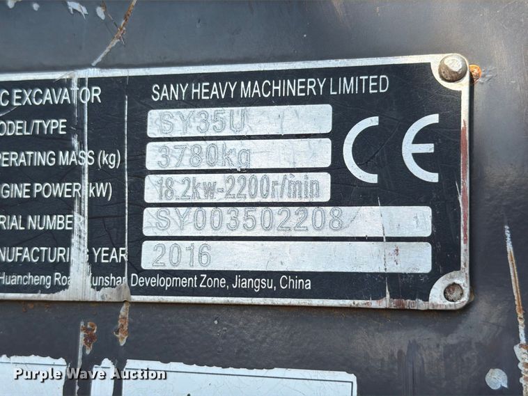 image for item EW8784 2016 Sany SY35U mini excavator