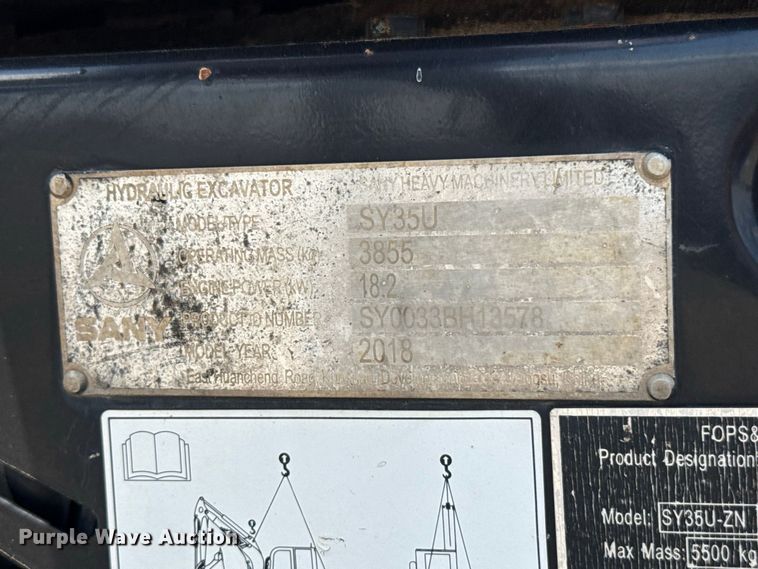 image for item EW8785 2018 Sany SY35U mini excavator