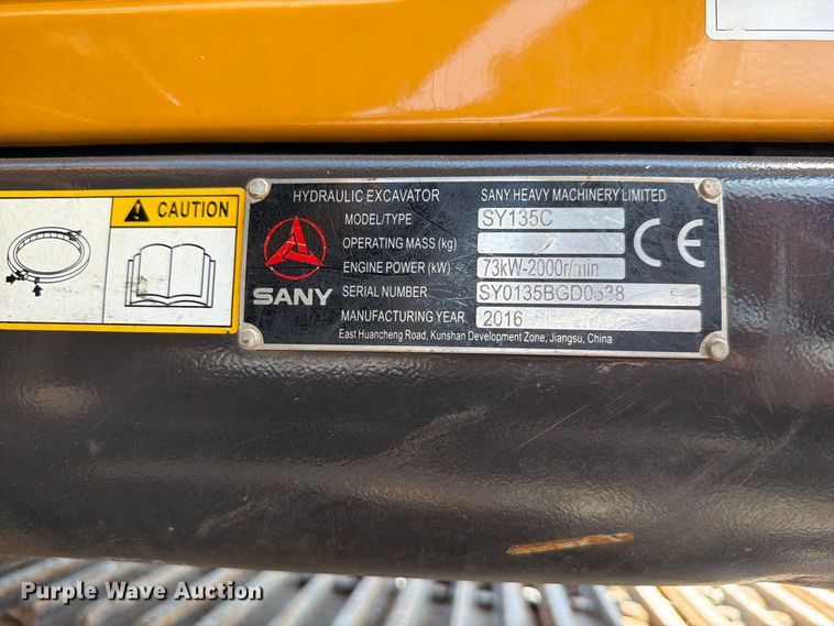 image for item EW8786 2016 Sany SY135C excavator